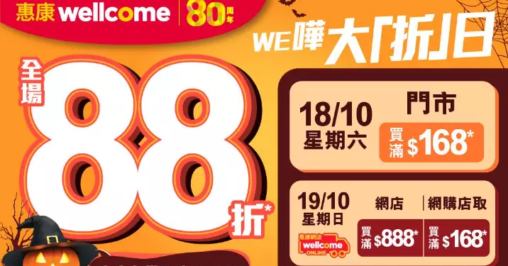 2日限定!惠康10月18及19日門市網店全場88折!