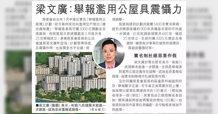 梁文廣：舉報濫用公屋獎計劃具震懾及保底作用 獎金水平合適毋須調整