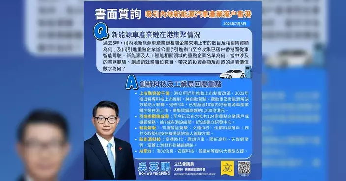 發揮「雙向窗口」優勢 吳英鵬促吸引新能源車產業鏈落戶香港