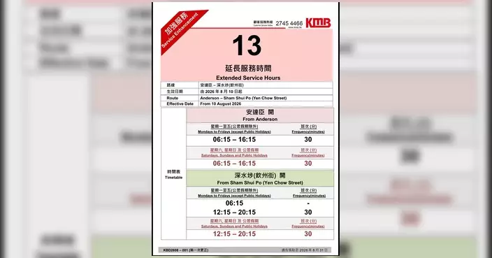 九巴13號線8月10日起提升至每日服務 安達臣往來深水埗更便捷