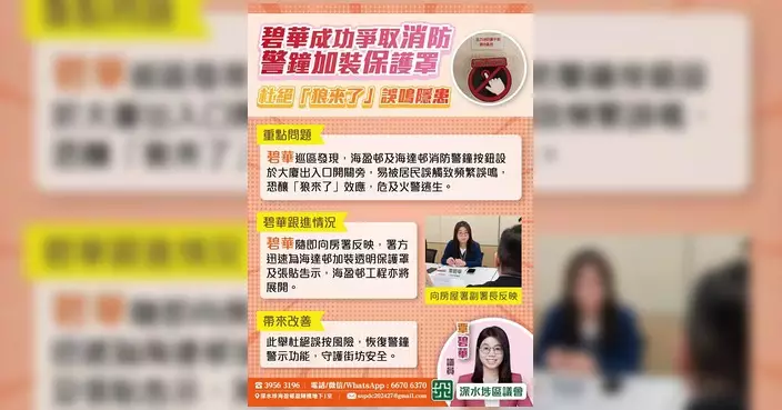覃碧華爭取消防警鐘加裝保護罩 杜絕誤鳴「狼來了」隱患