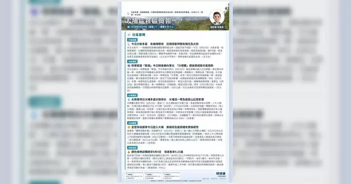 大埔區議員胡綽謙發布8月24日晨報 提供聯絡及追蹤渠道