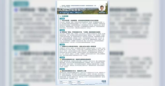 大埔區議員胡綽謙發布8月25日晨報 提供聯絡及WhatsApp頻道