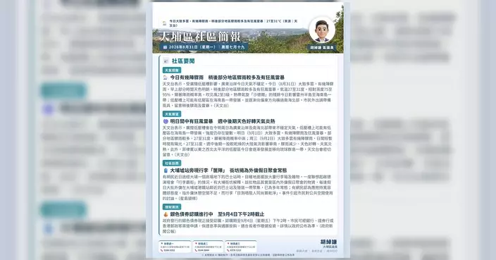 胡綽謙發布8月31日大埔區晨報 附聯絡及WhatsApp頻道資訊