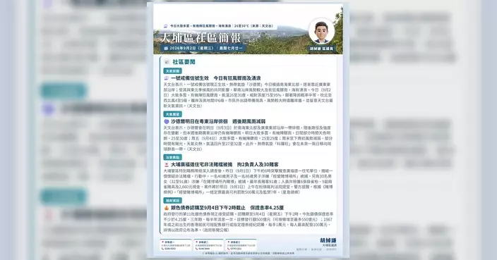 大埔區議員胡綽謙發布9月2日晨報 提供聯絡及WhatsApp頻道