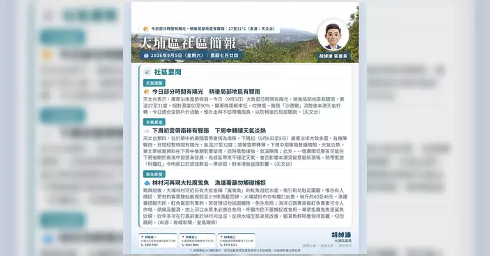 大埔區議員胡綽謙發布9月5日晨報 提供聯絡及WhatsApp頻道渠道