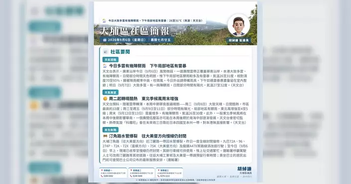 大埔區議員胡綽謙發布9月6日晨報 附聯絡及WhatsApp頻道資訊