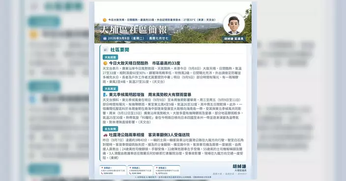大埔區議員胡綽謙發布9月8日晨報 提供聯絡及WhatsApp頻道