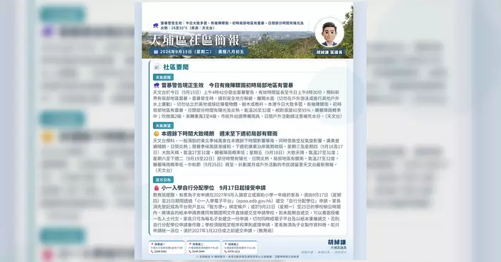胡綽謙發布9月15日大埔區每朝晨報