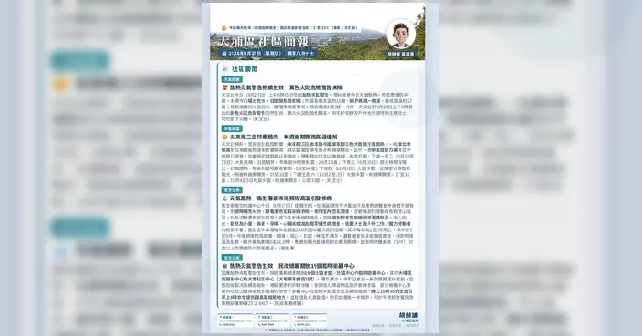 大埔區議員胡綽謙發布9月27日大埔區每朝晨報
