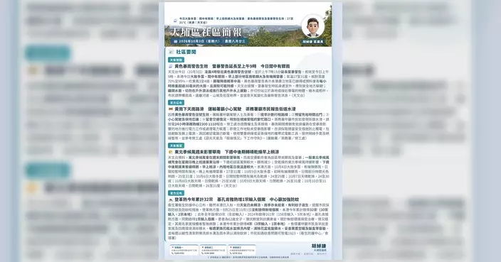 黃雨雷暴警告同時生效 胡綽謙籲大埔街坊帶傘慢駛防蚊